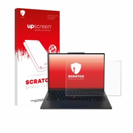 Parte frontal de un envase de producto con el logotipo de la marca upscreen. Al lado se muestra el dispositivo Lenovo ThinkPad