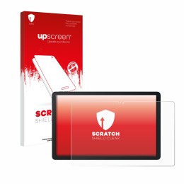Parte frontal de un envase de producto con el logotipo de la marca upscreen. Al lado se muestra el dispositivo Blackview Mega 