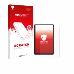 Parte frontal de un envase de producto con el logotipo de la marca upscreen. Al lado se muestra el dispositivo Blackview Tab 1