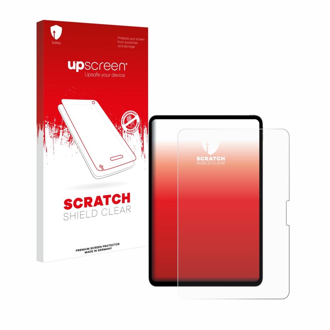 Face avant d’un emballage produit avec le logo de la marque upscreen. À côté, l’appareil Apple iPad Pro 13
