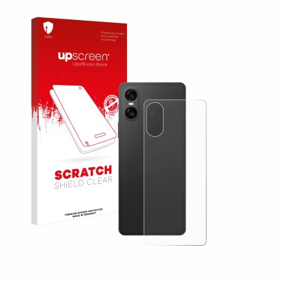 Front side of a product packaging with the brand logo upscreen. Next to it is the device Sony Xperia 10 VI (Back) shown with t