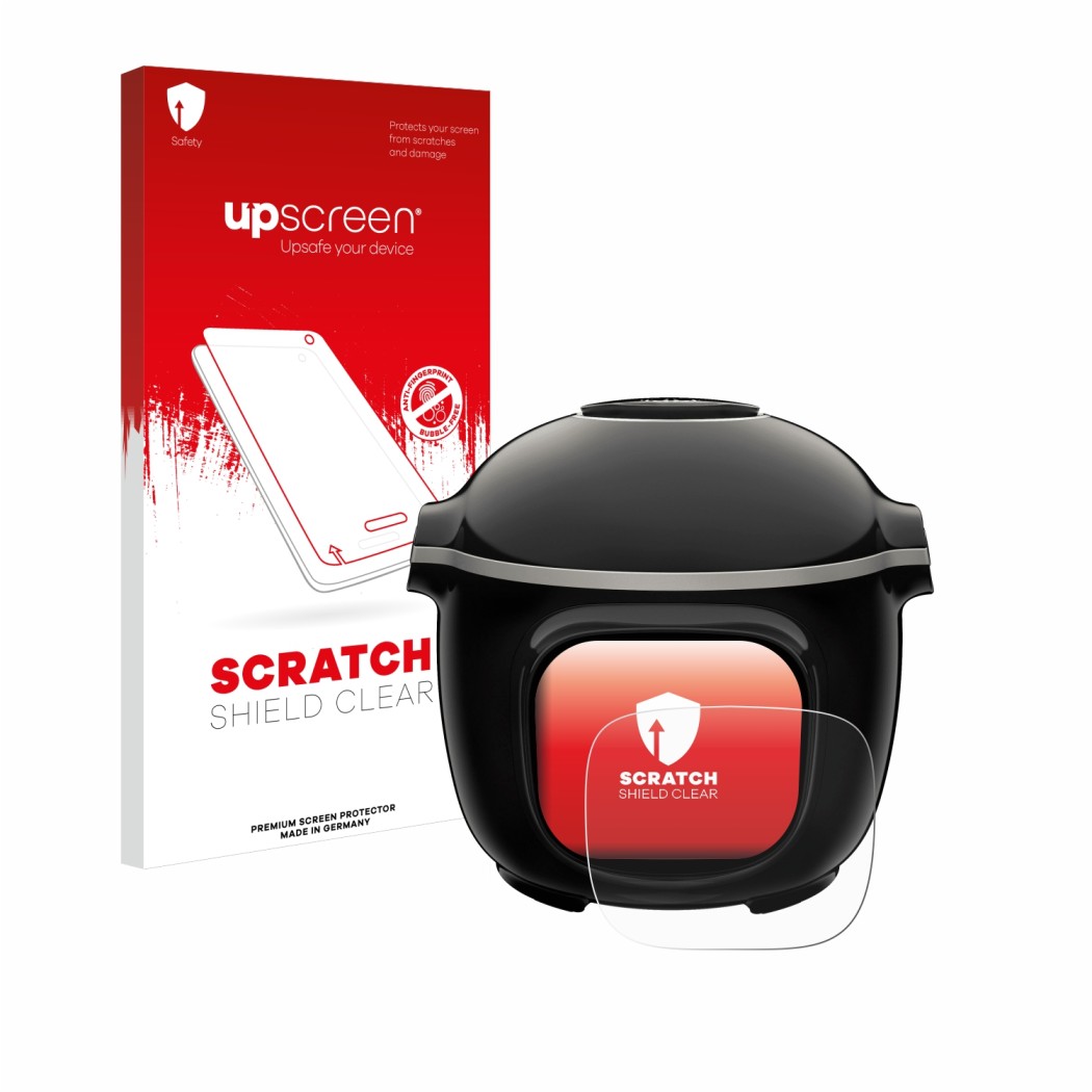 Parte frontal de un envase de producto con el logotipo de la marca upscreen. Al lado se muestra el dispositivo Moulinex Cookeo