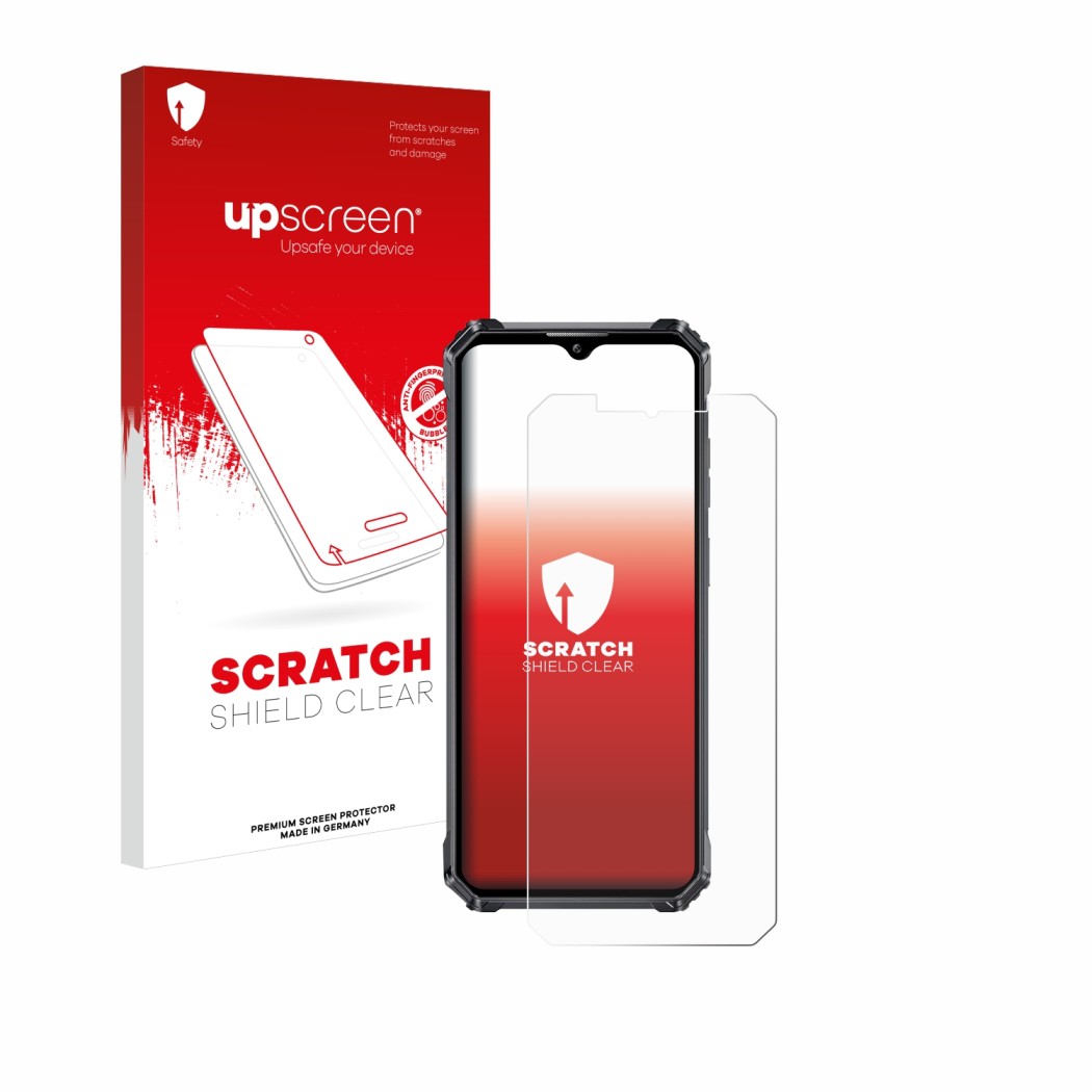 Vorderseite einer Produktverpackung mit dem Markenlogo upscreen. Daneben ist das Gerät Oukitel WP28 S mit dem zugehörigen Disp