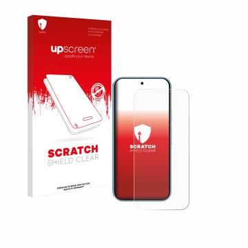 Vorderseite einer Produktverpackung mit dem Markenlogo upscreen. Daneben ist das Gerät Google Pixel 9 mit dem zugehörigen Disp