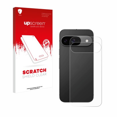 Front side of a product packaging with the brand logo upscreen. Next to it is the device Google Pixel 9 (Back) shown with the 