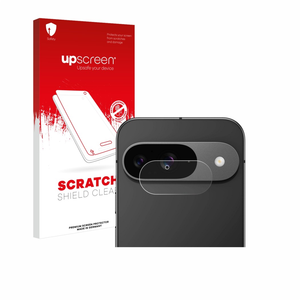 Front side of a product packaging with the brand logo upscreen. Next to it is the device Google Pixel 9 (ONLY Camera Lens) sho