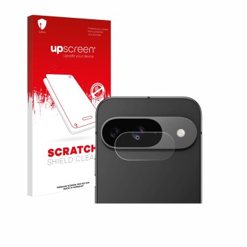 Front side of a product packaging with the brand logo upscreen. Next to it is the device Google Pixel 9 (ONLY Camera Lens) sho