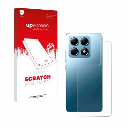 Face avant d’un emballage produit avec le logo de la marque upscreen. À côté, l’appareil Xiaomi 14T Pro (Arrière) est représen