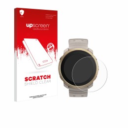 Parte frontal de un envase de producto con el logotipo de la marca upscreen. Al lado se muestra el dispositivo Polar Vantage M