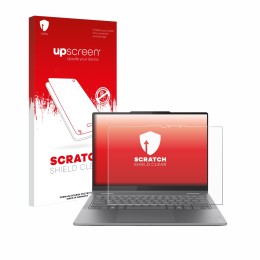 Parte frontal de un envase de producto con el logotipo de la marca upscreen. Al lado se muestra el dispositivo Lenovo Yoga 7i 