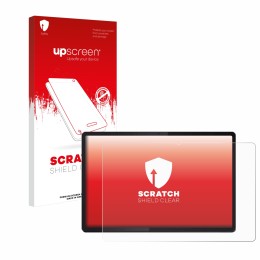 Parte frontal de un envase de producto con el logotipo de la marca upscreen. Al lado se muestra el dispositivo Lenovo Idea Tab