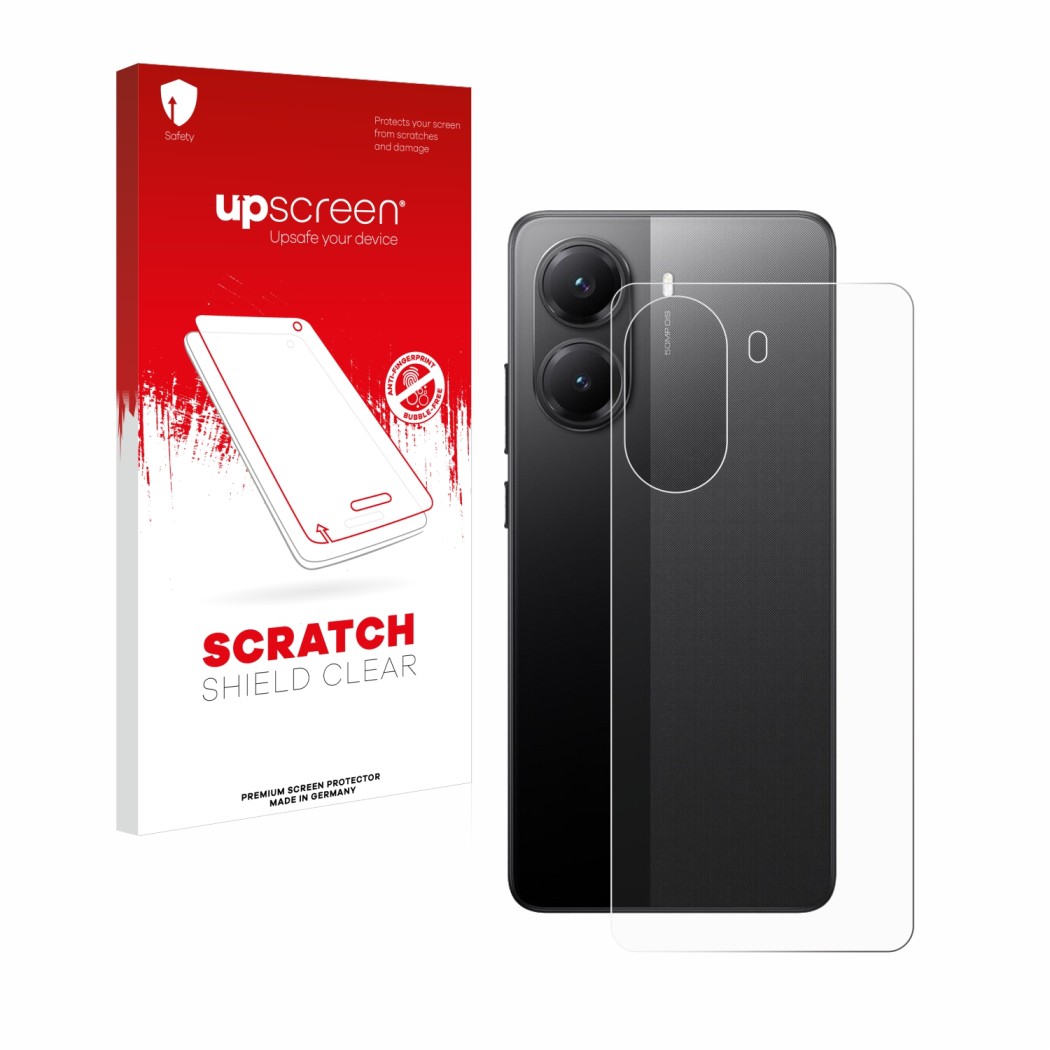 Parte frontal de un envase de producto con el logotipo de la marca upscreen. Al lado se muestra el dispositivo Xiaomi Poco X7 