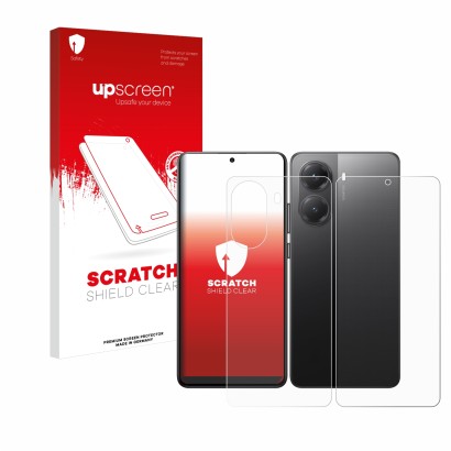 Face avant d’un emballage produit avec le logo de la marque upscreen. À côté, l’appareil Xiaomi Poco X7 Pro (Avant+Arrière) es