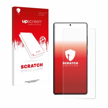 Vorderseite einer Produktverpackung mit dem Markenlogo upscreen. Daneben ist das Gerät Samsung Galaxy S25 Ultra mit dem zugehö