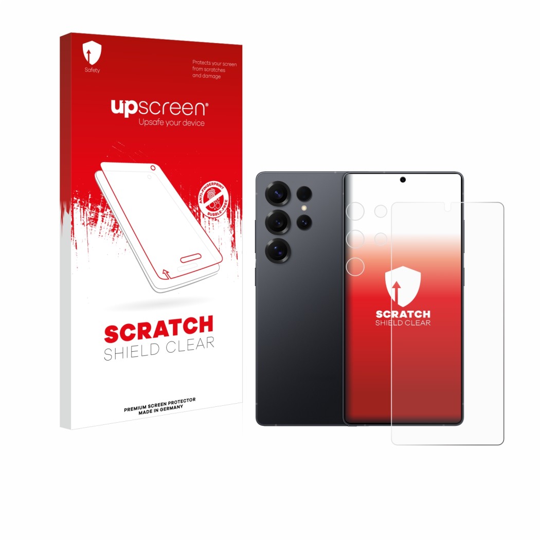Vorderseite einer Produktverpackung mit dem Markenlogo upscreen. Daneben ist das Gerät Samsung Galaxy S25 Ultra (Display+Kamer