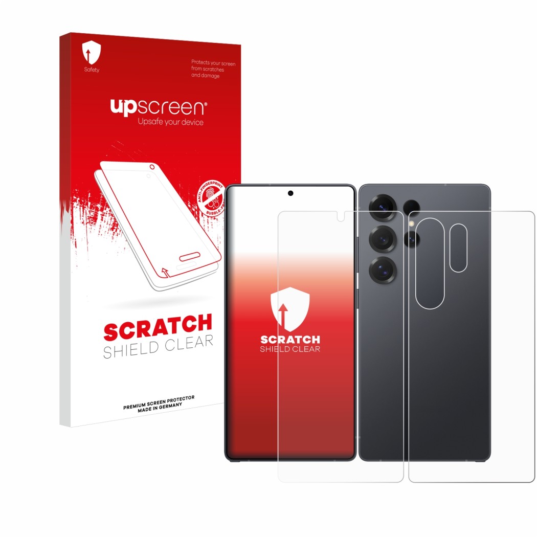 Vorderseite einer Produktverpackung mit dem Markenlogo upscreen. Daneben ist das Gerät Samsung Galaxy S25 Ultra Enterprise Edi