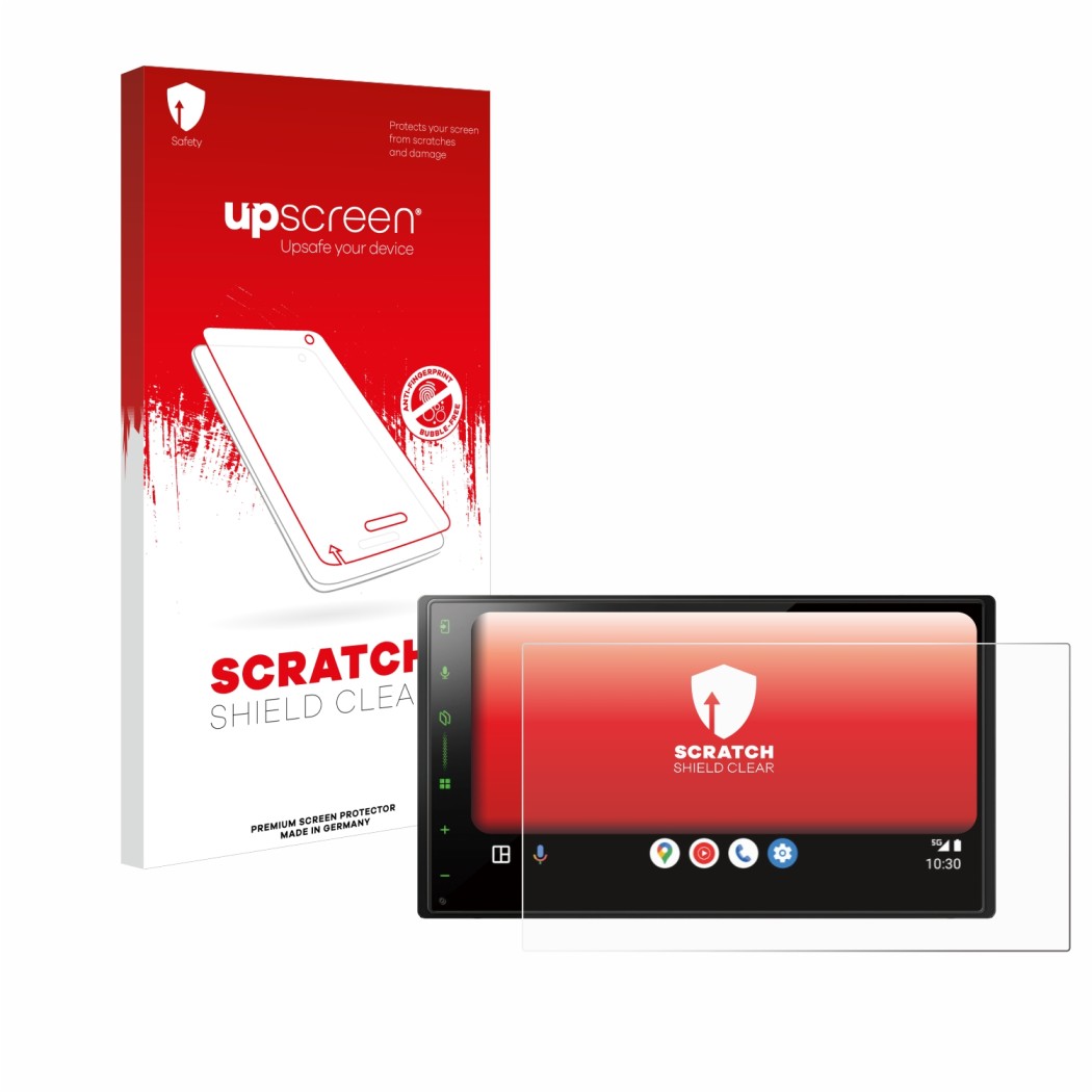 Vorderseite einer Produktverpackung mit dem Markenlogo upscreen. Daneben ist das Gerät Pioneer SPH-DA77DAB mit dem zugehörigen