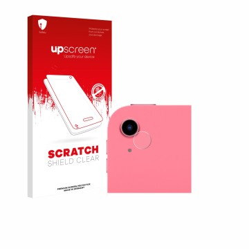 Parte frontal de un envase de producto con el logotipo de la marca upscreen. Al lado se muestra el dispositivo Apple iPad A16 