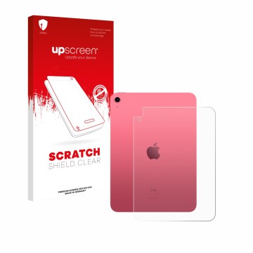 Parte frontal de un envase de producto con el logotipo de la marca upscreen. Al lado se muestra el dispositivo Apple iPad A16 