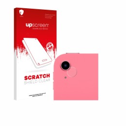 Parte frontal de un envase de producto con el logotipo de la marca upscreen. Al lado se muestra el dispositivo Apple iPad A16 