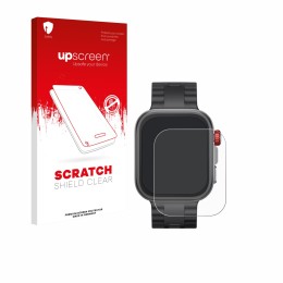 Parte frontal de un envase de producto con el logotipo de la marca upscreen. Al lado se muestra el dispositivo Huawei Watch Fi