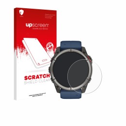 Parte frontal de un envase de producto con el logotipo de la marca upscreen. Al lado se muestra el dispositivo Garmin quatix 8