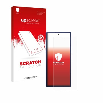 Vorderseite einer Produktverpackung mit dem Markenlogo upscreen. Daneben ist das Gerät Samsung Galaxy Z Fold 7 mit dem zugehör