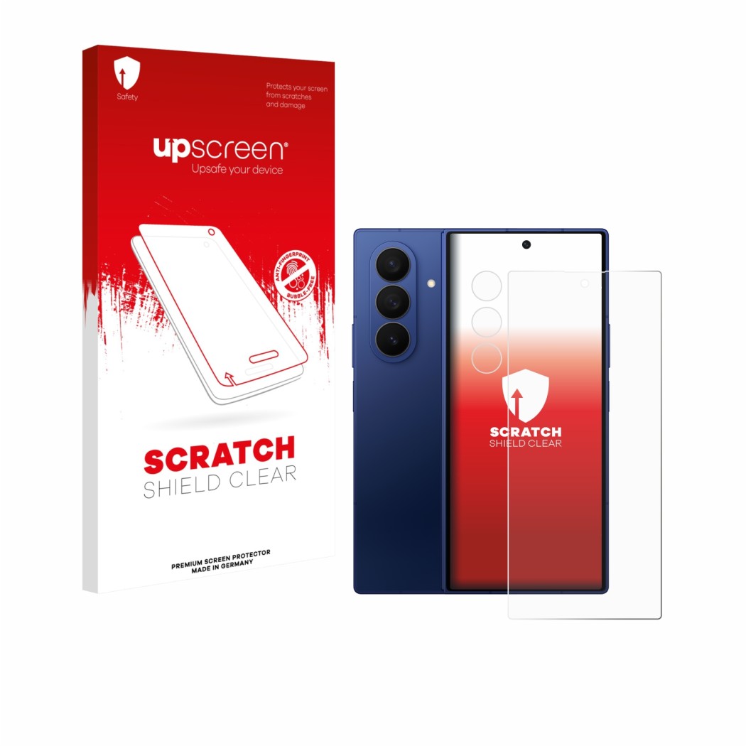 Vorderseite einer Produktverpackung mit dem Markenlogo upscreen. Daneben ist das Gerät Samsung Galaxy Z Fold 7 (Display+Kamera