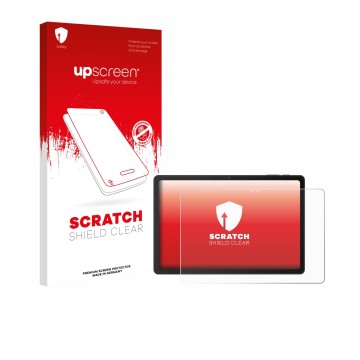 Parte frontal de un envase de producto con el logotipo de la marca upscreen. Al lado se muestra el dispositivo VALE Tablet V11