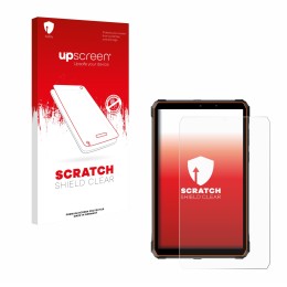 Parte frontal de un envase de producto con el logotipo de la marca upscreen. Al lado se muestra el dispositivo Blackview Activ