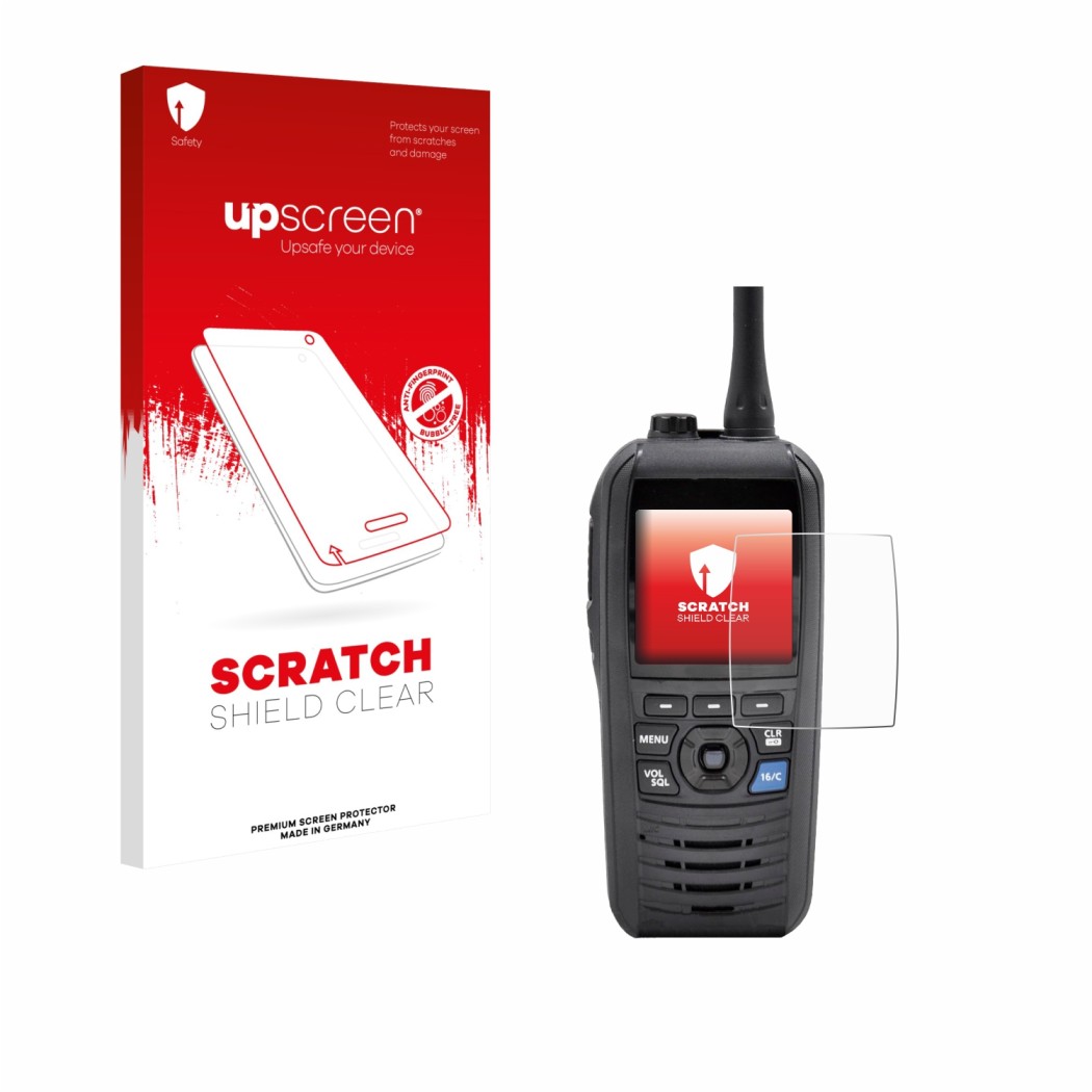 Parte frontale di una confezione del prodotto con il logo del marchio upscreen. Accanto è raffigurato il dispositivo Icom IC-M