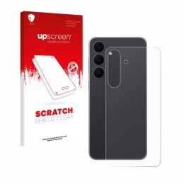 Vorderseite einer Produktverpackung mit dem Markenlogo upscreen. Daneben ist das Gerät Samsung Galaxy S25 FE (Rückseite) mit d