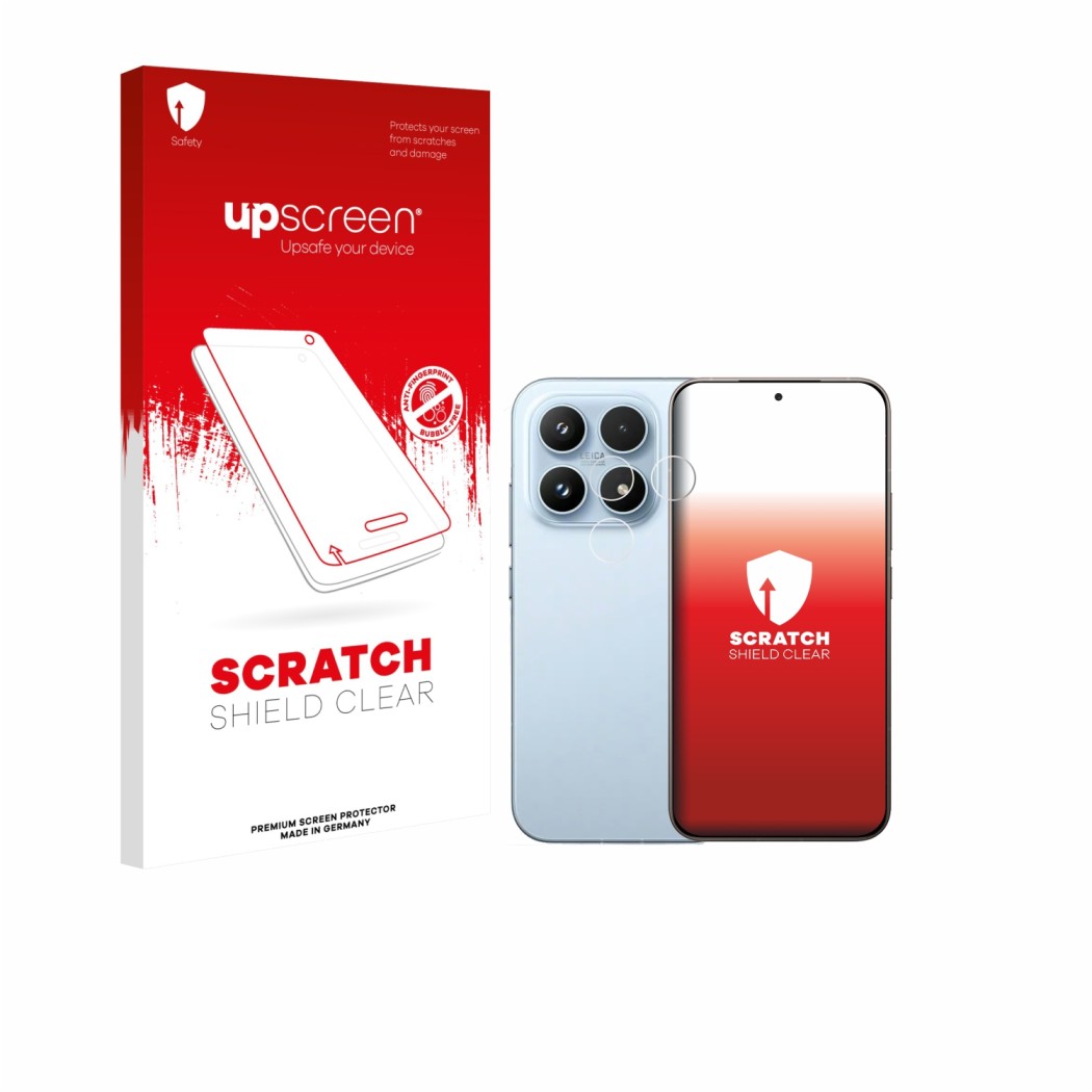 Vorderseite einer Produktverpackung mit dem Markenlogo upscreen. Daneben ist das Gerät Xiaomi 17 (NUR Kameraschutz) mit dem zu