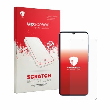 Parte frontal de un envase de producto con el logotipo de la marca upscreen. Al lado se muestra el dispositivo Itel Zeno 20 Ma