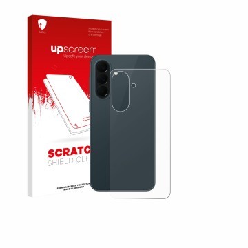 Face avant d’un emballage produit avec le logo de la marque upscreen. À côté, l’appareil Samsung Galaxy A37 5G (Arrière) est r