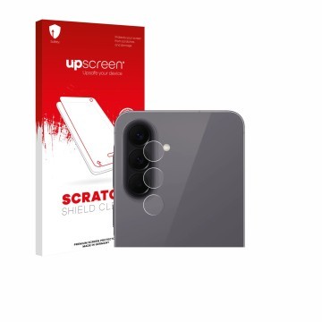 Parte frontal de un envase de producto con el logotipo de la marca upscreen. Al lado se muestra el dispositivo Samsung Galaxy 