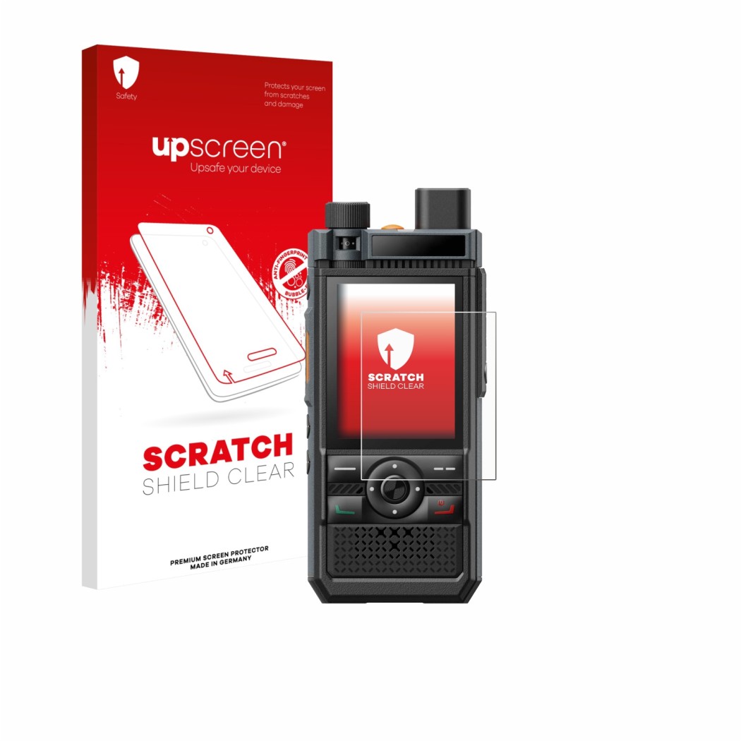 Vorderseite einer Produktverpackung mit dem Markenlogo upscreen. Daneben ist das Gerät Hytera P50 mit dem zugehörigen Displays