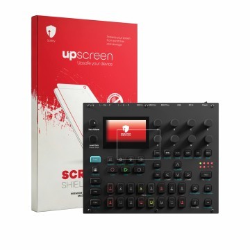 Parte frontal de un envase de producto con el logotipo de la marca upscreen. Al lado se muestra el dispositivo Elektron Digito