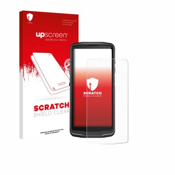 Face avant d’un emballage produit avec le logo de la marque upscreen. À côté, l’appareil Crosscall Core M6 est représenté avec