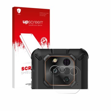 Parte frontal de un envase de producto con el logotipo de la marca upscreen. Al lado se muestra el dispositivo Ulefone RugOne 