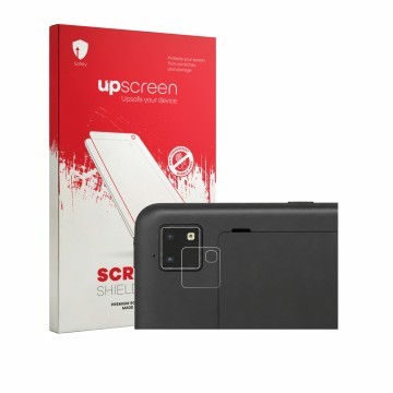 Face avant d’un emballage produit avec le logo de la marque upscreen. À côté, l’appareil Zebra ET401 10.1