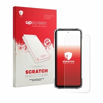 Parte frontal de un envase de producto con el logotipo de la marca upscreen. Al lado se muestra el dispositivo Doogee Blade 20