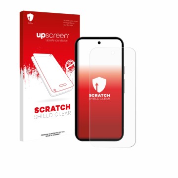 Vorderseite einer Produktverpackung mit dem Markenlogo upscreen. Daneben ist das Gerät Google Pixel 10a mit dem zugehörigen Di