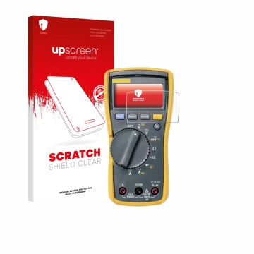 Face avant d’un emballage produit avec le logo de la marque upscreen. À côté, l’appareil Fluke MultiMeter 113 est représenté a