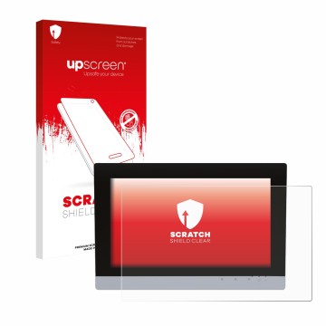 Face avant d’un emballage produit avec le logo de la marque upscreen. À côté, l’appareil WAGO Visu Panel Touch Panel 600 est r