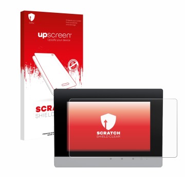 Parte frontal de un envase de producto con el logotipo de la marca upscreen. Al lado se muestra el dispositivo WAGO Control Pa
