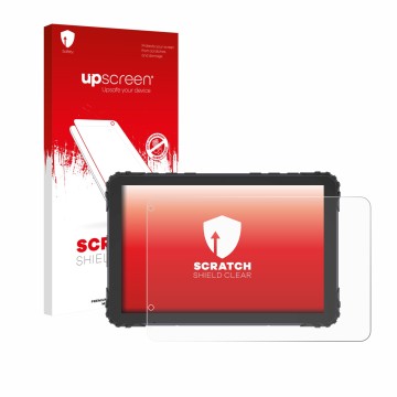 Parte frontal de un envase de producto con el logotipo de la marca upscreen. Al lado se muestra el dispositivo DMD T880X 8