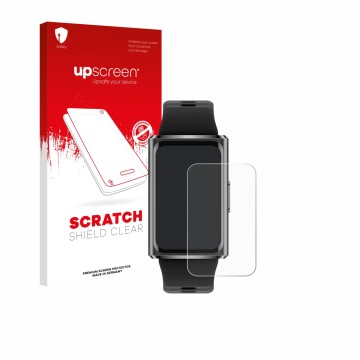 Parte frontal de un envase de producto con el logotipo de la marca upscreen. Al lado se muestra el dispositivo Huawei Band 11 