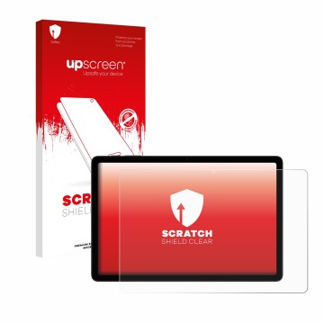 Parte frontal de un envase de producto con el logotipo de la marca upscreen. Al lado se muestra el dispositivo Doogee Tab A9+ 
