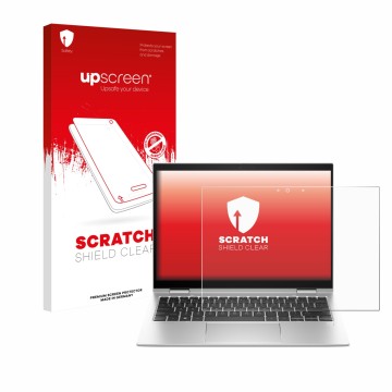 Face avant d’un emballage produit avec le logo de la marque upscreen. À côté, l’appareil HP Elite x360 830 G10 2-in-1 est repr